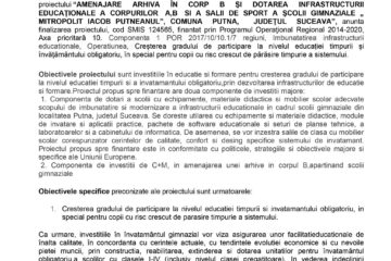 “AMENAJARE ARHIVA ÎN CORP B ȘI DOTAREA INFRASTRUCTURII EDUCAȚIONALE A CORPURILOR A,B SI A SALII DE SPORT A ȘCOLII GIMNAZIALE „ MITROPOLIT IACOB PUTNEANUL”, COMUNA PUTNA, JUDEȚUL SUCEAVA”
