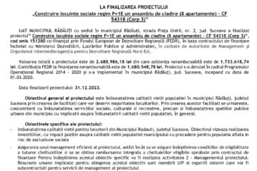 COMUNICAT DE PRESA LA FINALIZAREA PROIECTULUI „Construire locuinte sociale regim P+1E un ansamblu de cladire (8 apartamente) - CF 54318 (Corp 3)”