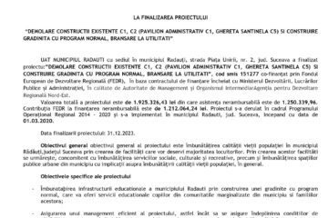 COMUNICAT DE PRESA LA FINALIZAREA PROIECTULUI “DEMOLARE CONSTRUCTII EXISTENTE C1, C2 (PAVILION ADMINISTRATIV C1, GHERETA SANTINELA C5) SI CONSTRUIRE GRADINITA CU PROGRAM NORMAL, BRANSARE LA UTILITATI”