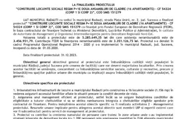 COMUNICAT DE PRESA LA FINALIZAREA PROIECTULUI ”CONSTRUIRE LOCUINTE SOCIALE REGIM P+1E DOUA ANSAMBLURI DE CLADIRE (16 APARTAMENTE) - CF 54324 (CORP 1 SI CORP 2)”, COD SMIS 151279