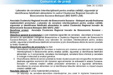 Laborator de cercetare interdisciplinară pentru analiza calității, siguranței și identificarea falsificării alimentelor în cadrul Clusterului Regional Inovativ de Bioeconomie Suceava-Botoșani (BIO SAFE LAB)
