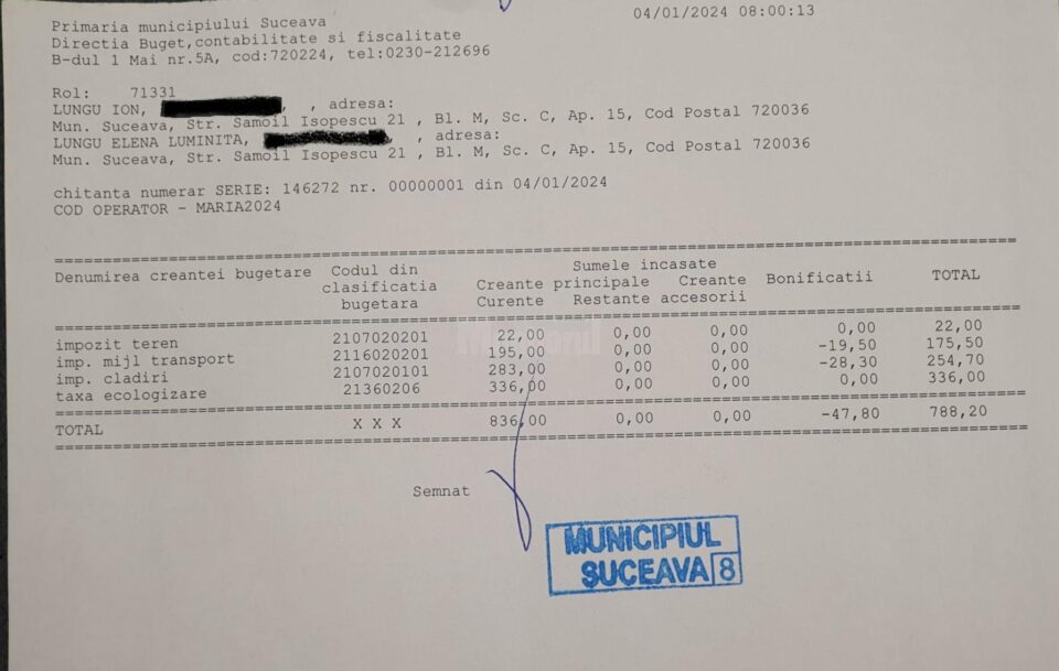 Ion Lungu: „Am achitat azi, cu chitanța nr. 1, taxele și impozitele locale aferente anului 2024 la Primăria Municipiului Suceava” Ion Lungu: „Am achitat azi, cu chitanța nr. 1, taxele și impozitele locale aferente anului 2024 la Primăria Municipiului Suceava”
