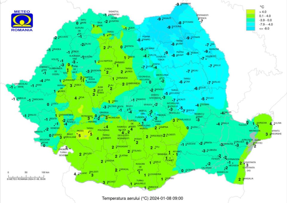 Temperaturi inregistrate luni, 8 ianuarie