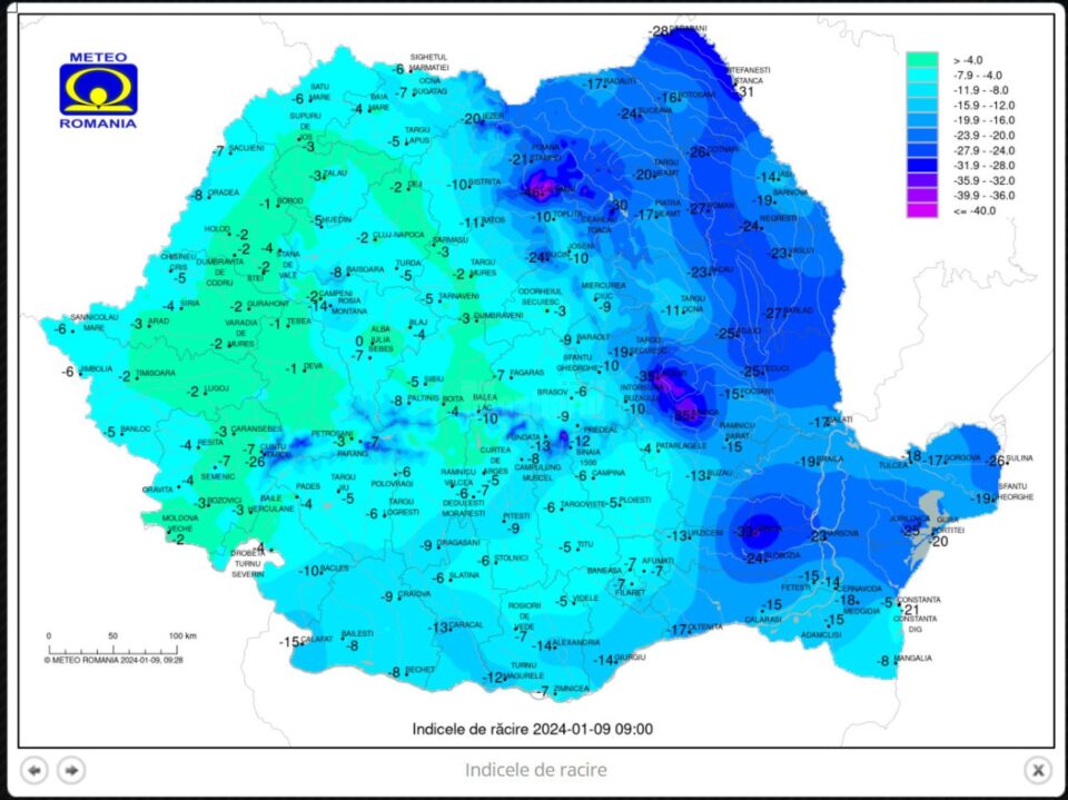 Temperaturile minime resimtite marți, 9 ianuarie - sursa ANM