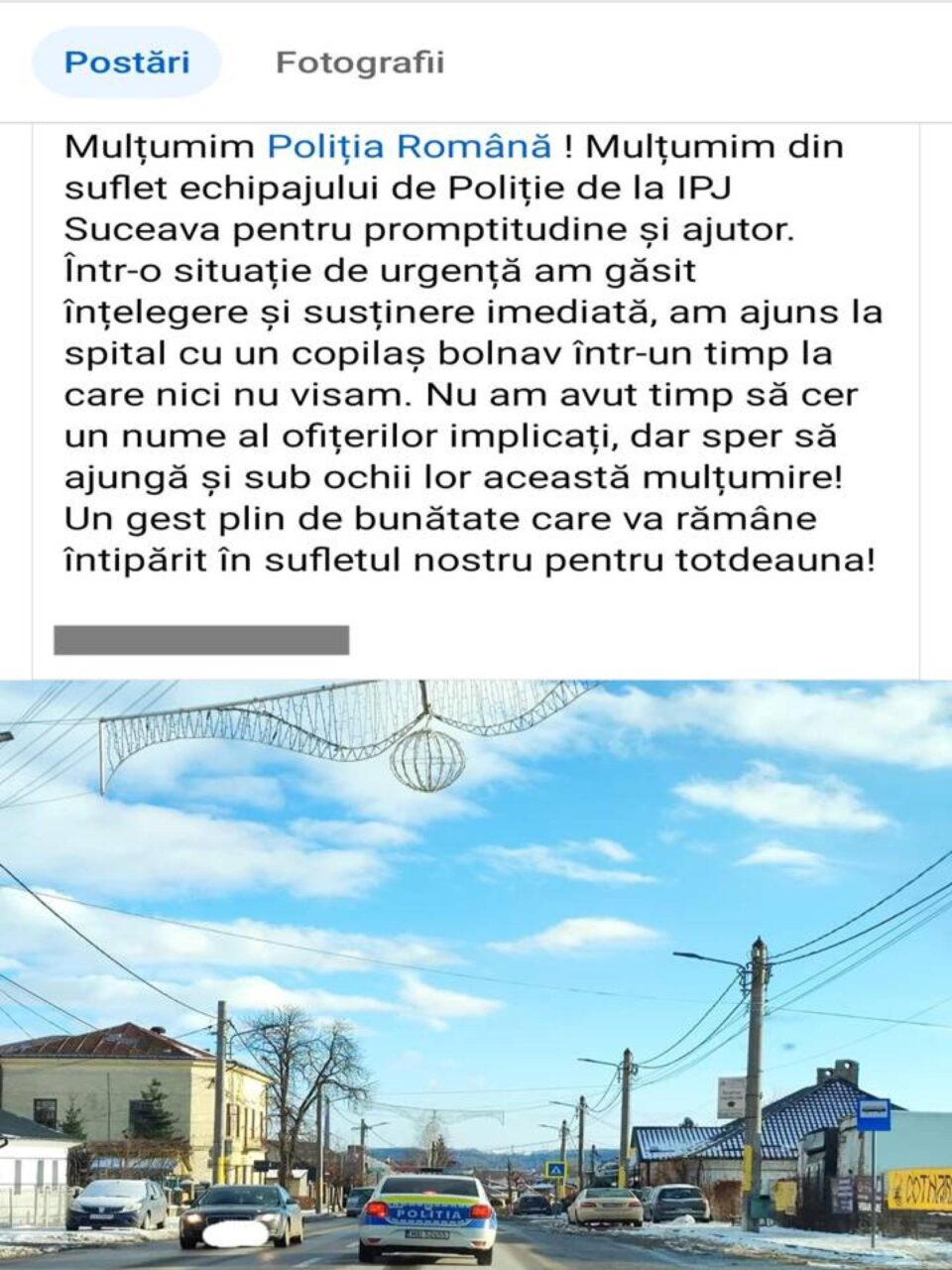 Mesajul de mulțumire adresat Poliției