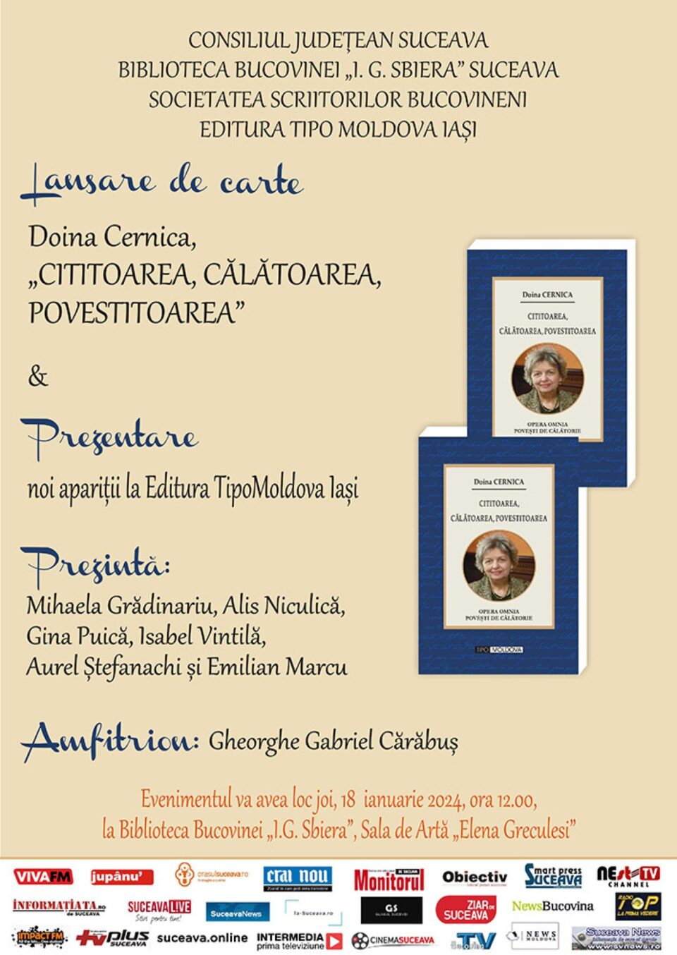 Scriitoarea Doina Cernica își lansează, joi, la Biblioteca Bucovinei, volumul „Cititoarea, călătoarea, povestitoarea” Scriitoarea Doina Cernica își lansează, joi, la Biblioteca Bucovinei, volumul „Cititoarea, călătoarea, povestitoarea”