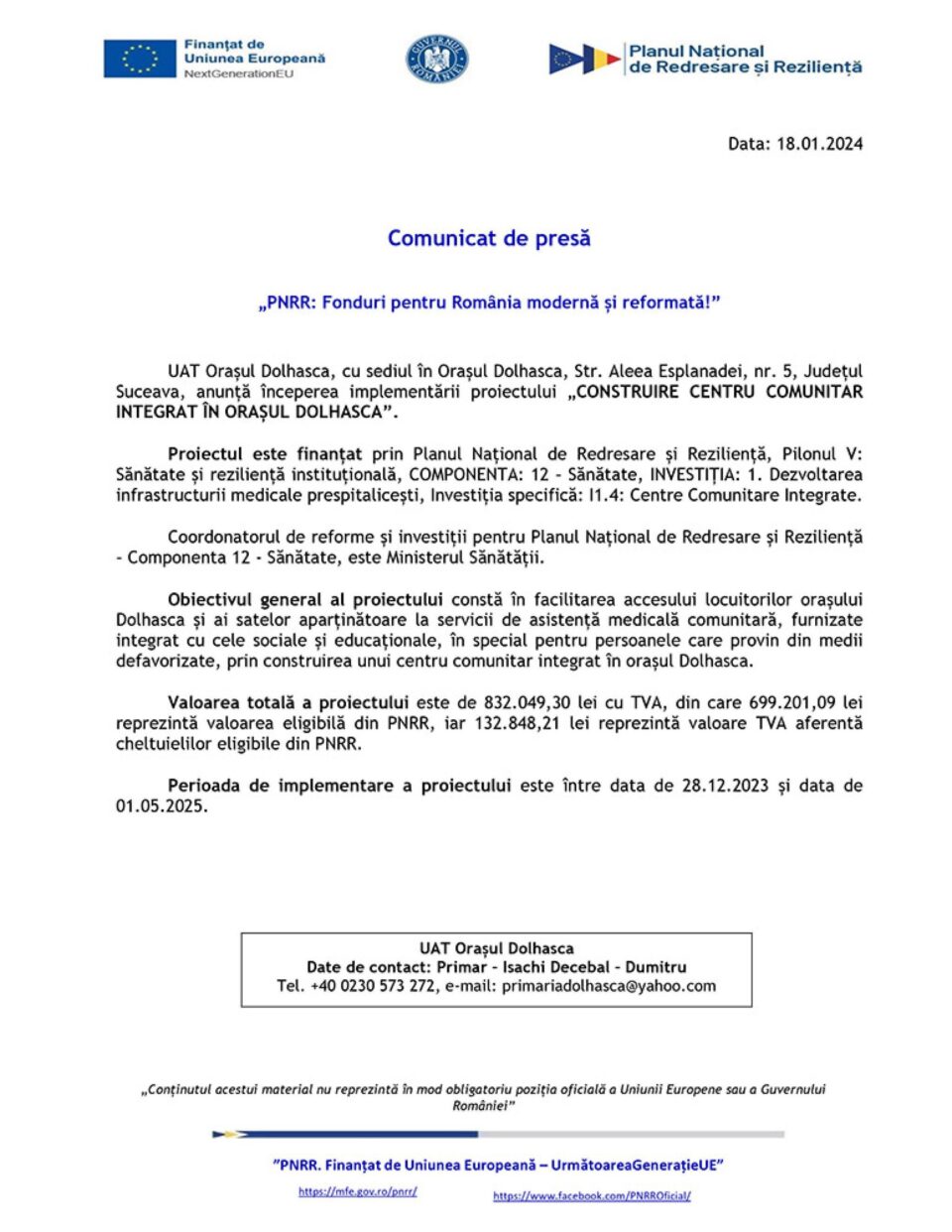 „PNRR: Fonduri pentru România modernă și reformată!” - „CONSTRUIRE CENTRU COMUNITAR INTEGRAT ÎN ORAȘUL DOLHASCA”. „PNRR: Fonduri pentru România modernă și reformată!” - „CONSTRUIRE CENTRU COMUNITAR INTEGRAT ÎN ORAȘUL DOLHASCA”.