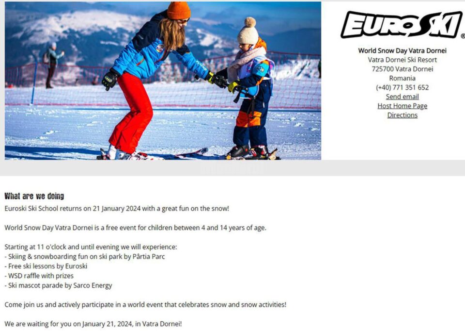 Ziua Mondială a Zăpezii (World Snow Day), duminică, pe Pârtia „Parc” din Vatra Dornei