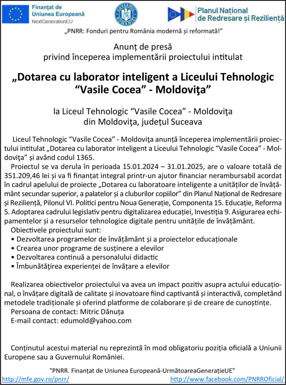 „Dotarea cu laborator inteligent a Liceului Tehnologic “Vasile Cocea” - Moldovița”