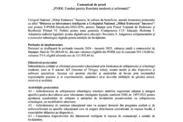 „PNRR: Fonduri pentru România modernă și reformată!” - “Dotarea cu laboratoare inteligente a Colegiului Național „Mihai Eminescu” Suceava”