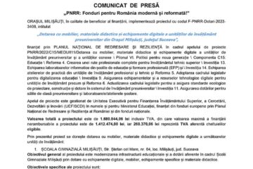 „PNRR: Fonduri pentru România modernă și reformată!” - „Dotarea cu mobilier, materiale didactice și echipamente digitale a unităților de învățământ preuniversitar din Orașul Milișăuți, județul Suceava”