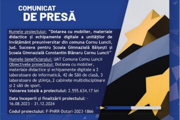 Dotarea cu mobilier, materiale didactice și echipamente digitale a unităților de învățământ preuniversitar din comuna Cornu Luncii, jud. Suceava pentru Școala Gimnazială Băișești și Școala Gimnazială Constantin Blănaru Cornu Luncii