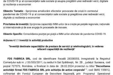 Comunicat de presă finalizare implementare proiect "Dezvoltarea activității firmei FDS FABRICA SRL prin achiziția de active corporale"
