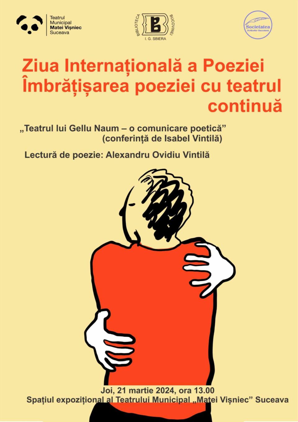 „Îmbrățișarea poeziei cu teatrul continuă”, joi, la Teatrul „Matei Vișniec” Suceava „Îmbrățișarea poeziei cu teatrul continuă”, joi, la Teatrul „Matei Vișniec” Suceava