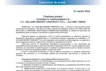 Finalizare proiect Investiție în retehnologizare la S.C. HELLAND ORIZONT CONSTRUCT S.R.L., Cod SMIS 158840
