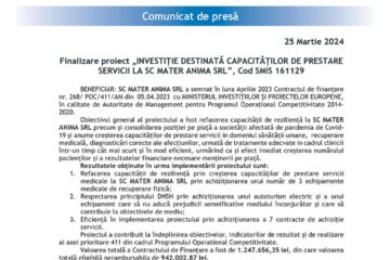 Finalizare proiect „INVESTIȚIE DESTINATĂ CAPACITĂȚILOR DE PRESTARE SERVICII LA SC MATER ANIMA SRL”, Cod SMIS 161129