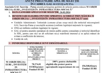 ANUNȚ PRELUNGIRE APEL DE SELECȚIE ÎN CADRUL GAL SUCEVIȚA-PUTNA