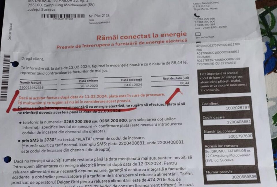 Preaviz pentru deconectarea de la electricitate dat la Câmpulung Moldovenesc