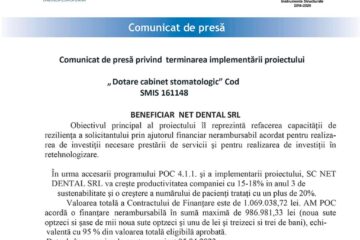 Comunicat de presă privind terminarea implementării proiectului „Dotare cabinet stomatologic” Cod SMIS 161148
