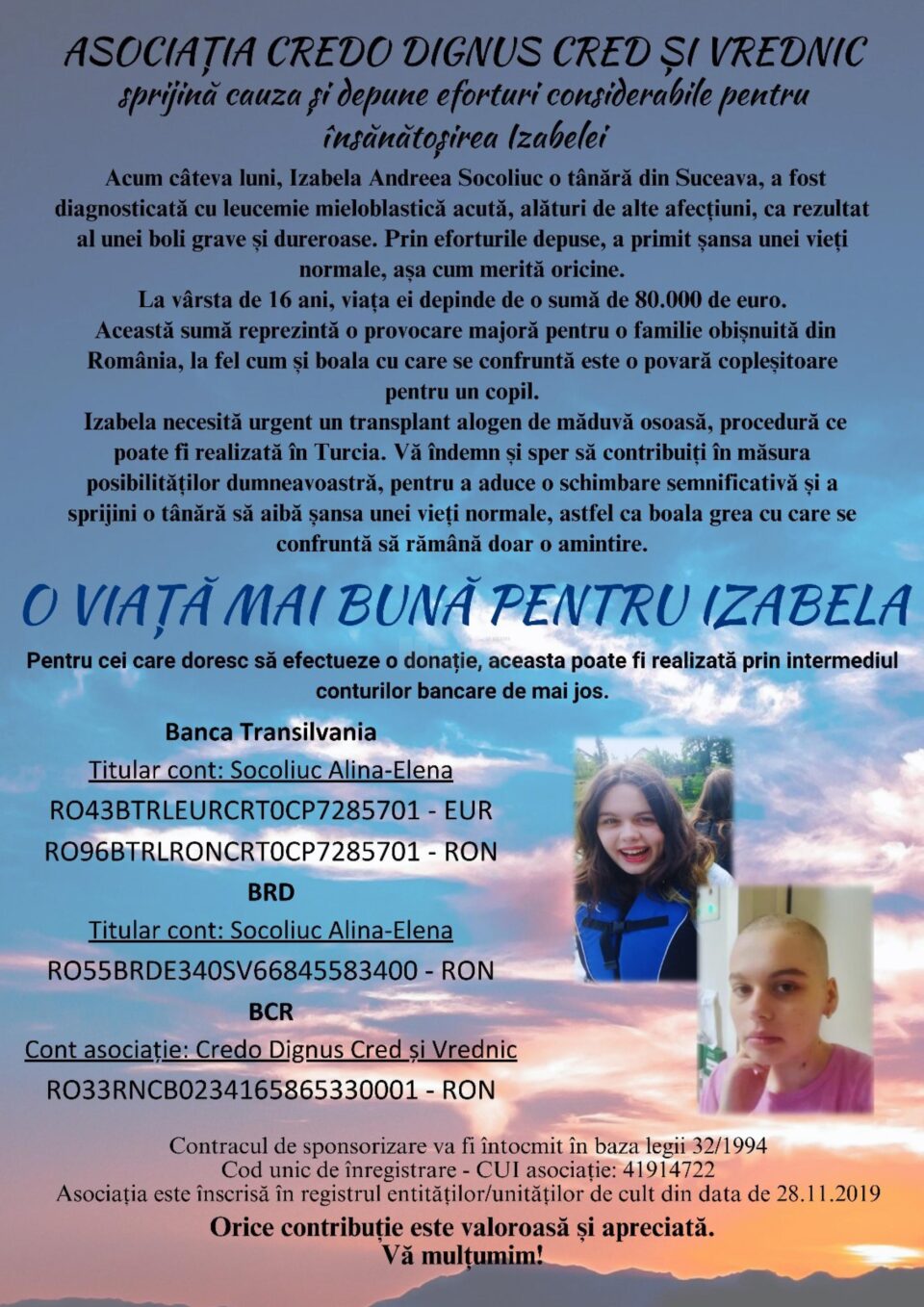 „Dăruiește speranță!”, eveniment caritabil pentru Izabela Socoliuc, eleva de la „Mihai Eminescu” diagnosticată cu leucemie