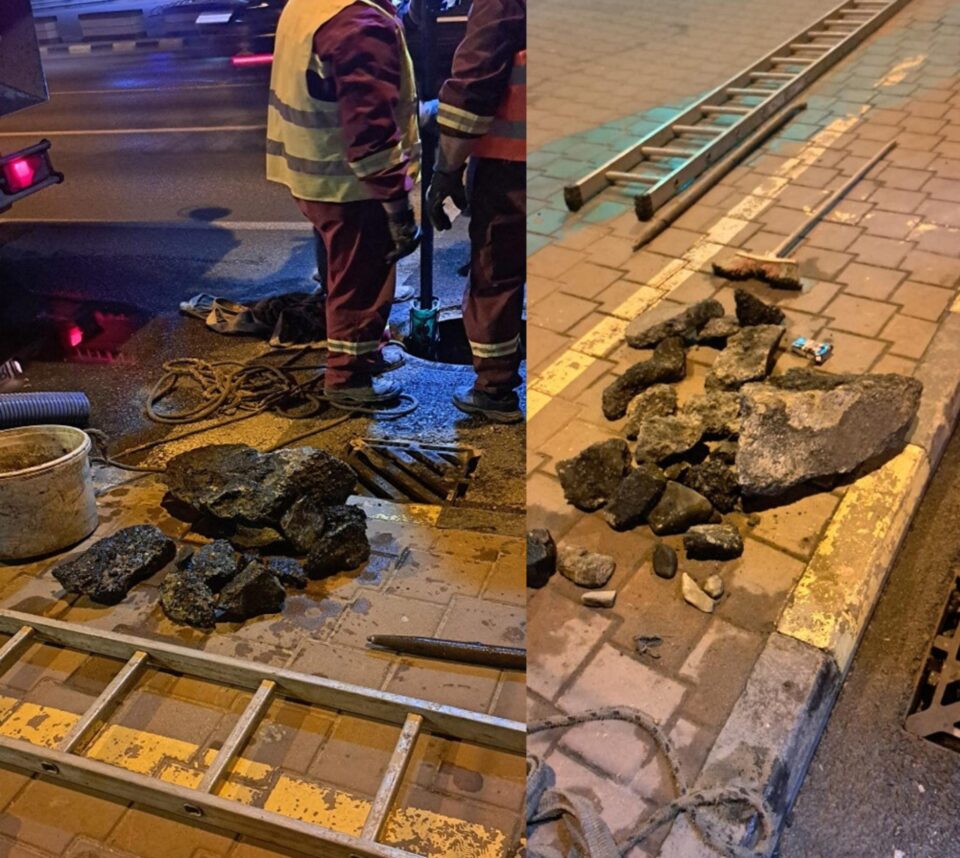 Deșeurile de beton și asfalt care blocau canalul colector de sub principala artera de circulație a Sucevei