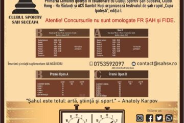 Festivalul de șah rapid ,,Cupa Ipotești”, ediția I, sâmbătă, la Sala de Sport Ipotești