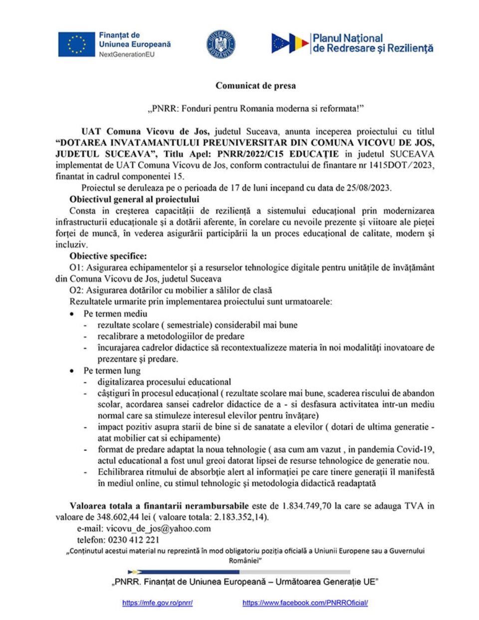 „PNRR: Fonduri pentru Romania moderna si reformata!” - “DOTAREA INVATAMANTULUI PREUNIVERSITAR DIN COMUNA VICOVU DE JOS, JUDETUL SUCEAVA”