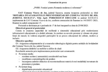 „PNRR: Fonduri pentru Romania moderna si reformata!” - “DOTAREA INVATAMANTULUI PREUNIVERSITAR DIN COMUNA VICOVU DE JOS, JUDETUL SUCEAVA”