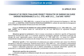 COMUNICAT DE PRESĂ FINALIZARE PROIECT PRODUCȚIE DE ENERGIE DIN SURSE ENERGIE REGENERABILE LA S.C. STEL MOB S.R.L., Cod SMIS 160957
