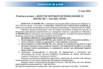 Finalizare proiect „ INVESTIȚIE DESTINATĂ RETEHNOLOGIZĂRII SC SENTRIX SRL”, Cod SMIS 159392