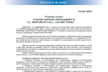 Finalizare proiect Investiție destinată retehnologizării la S.C. MARITURLICU S.R.L., Cod SMIS 159562
