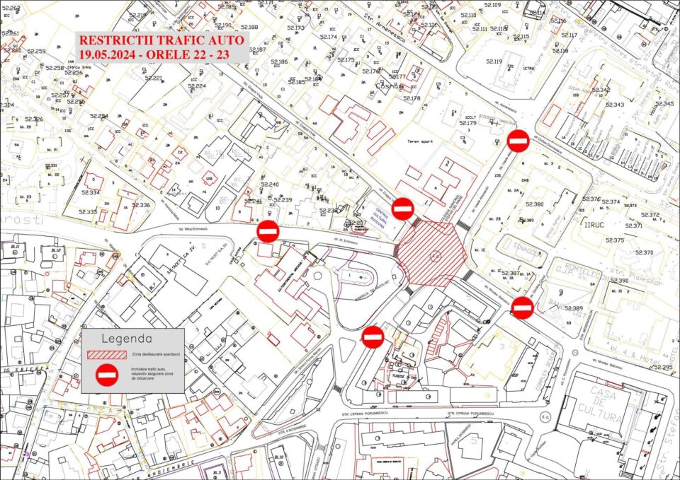 Harta Plan restrictii circulație în zona centrală a Sucevei, duminică 19 mai