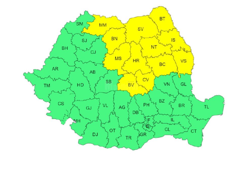 Cod galben de furtuni în 10 județe, cod portocaliu de caniculă în sudul țării