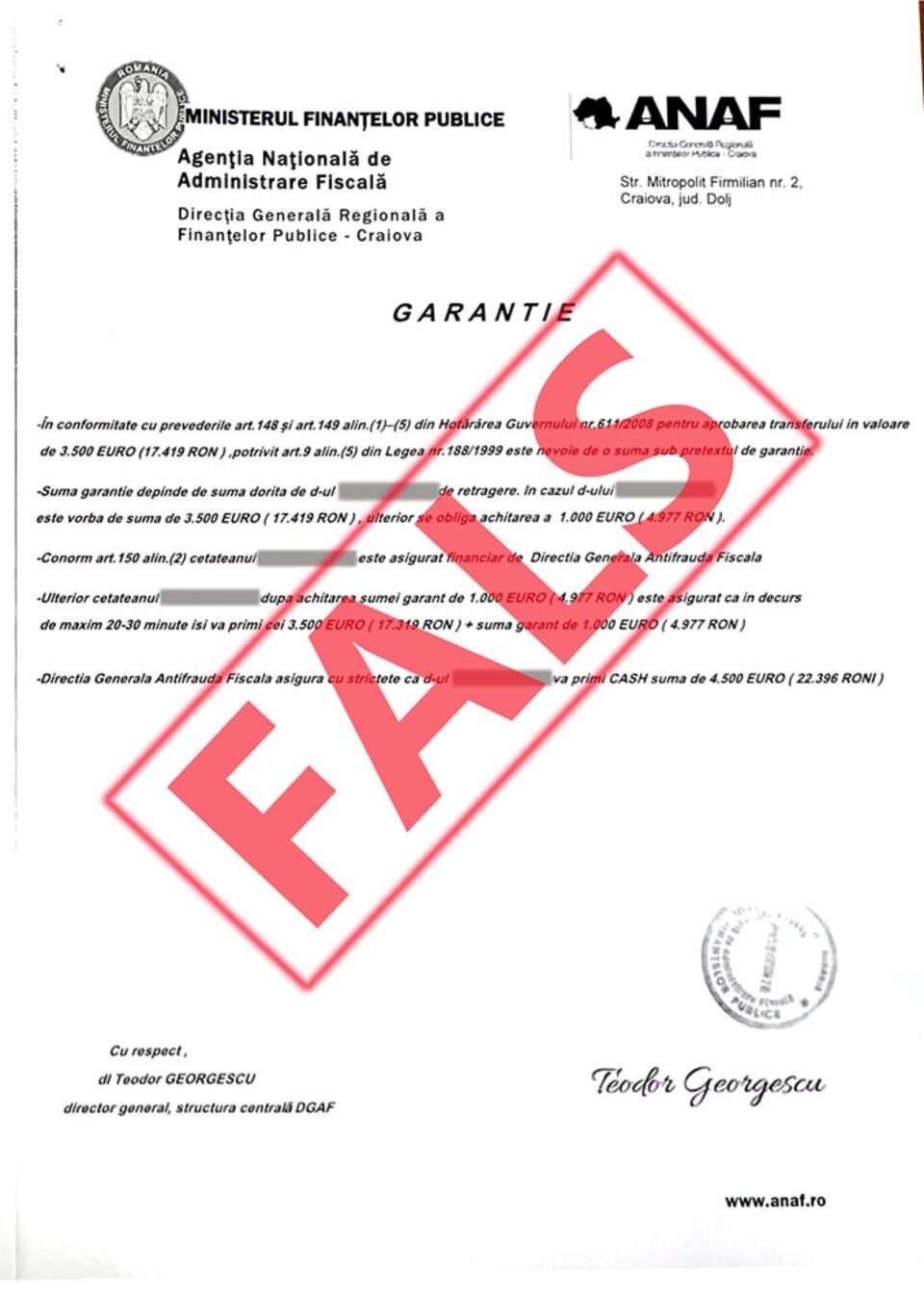 Mai mulți contribuabili au primit emailuri în numele ANAF prin care li se solicită achitarea unei garanții în valoare de 1.000 de euro Mai mulți contribuabili au primit emailuri în numele ANAF prin care li se solicită achitarea unei garanții în valoare de 1.000 de euro