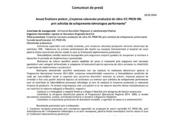 Anunț finalizare proiect „Creșterea volumului producției de către ICC PROD SRL prin achiziția de echipamente tehnologice performante”