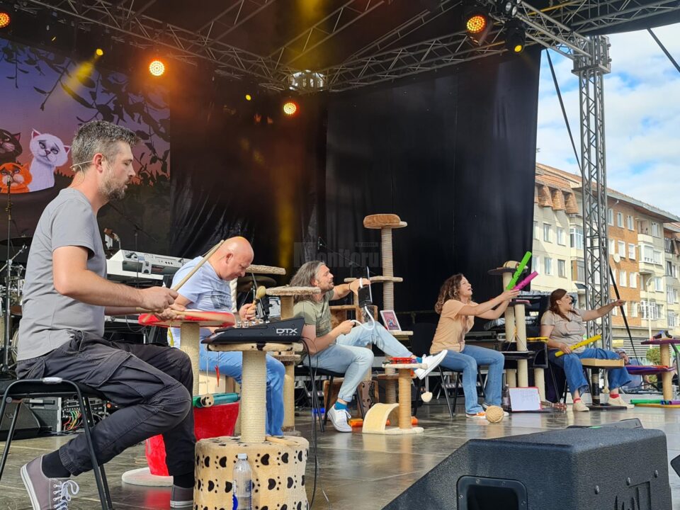 Horia Andrei Butnaru, Cătălin Ștefan Mîndru, Răzvan Bănuț, Clara Popadiuc și Cristina Florea, patru din actorii prezenți pe scenă la Pisici 2, în centrul Sucevei