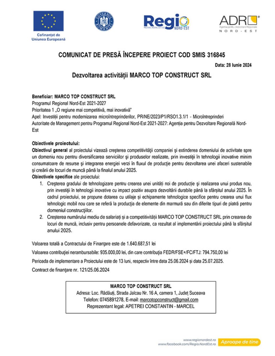 Dezvoltarea activității MARCO TOP CONSTRUCT SRL