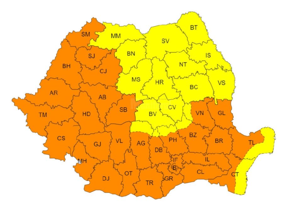 Cod portocaliu de caniculă în jumătate din țară, codul galben prelungit în restul teritoriului Cod portocaliu de caniculă în jumătate din țară, codul galben prelungit în restul teritoriului