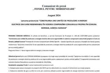 Lansarea proiectului: ”CONSTRUIREA UNEI UNITĂȚI DE PRODUCERE A ENERGIEI ELECTRICE DIN SURSE REGENERABILE ÎN VEDEREA COMPENSĂRII CONSUMULUI PROPRIU ÎN COMUNA BOROAIA, JUDEȚUL SUCEAVA”