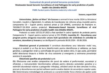Comunicat de presă privind lansarea proiectului Wastewater-based Genomic Surveillance of viral Pathogens for early prediction of public health risks (MetBio-WGSP) PNRR: Fonduri pentru România modernă și reformată!