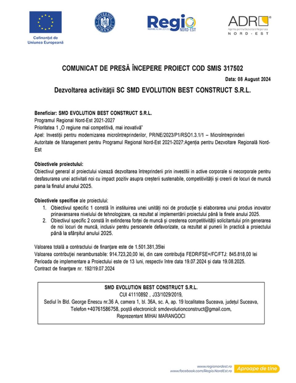 Dezvoltarea activității SC SMD EVOLUTION BEST CONSTRUCT S.R.L.