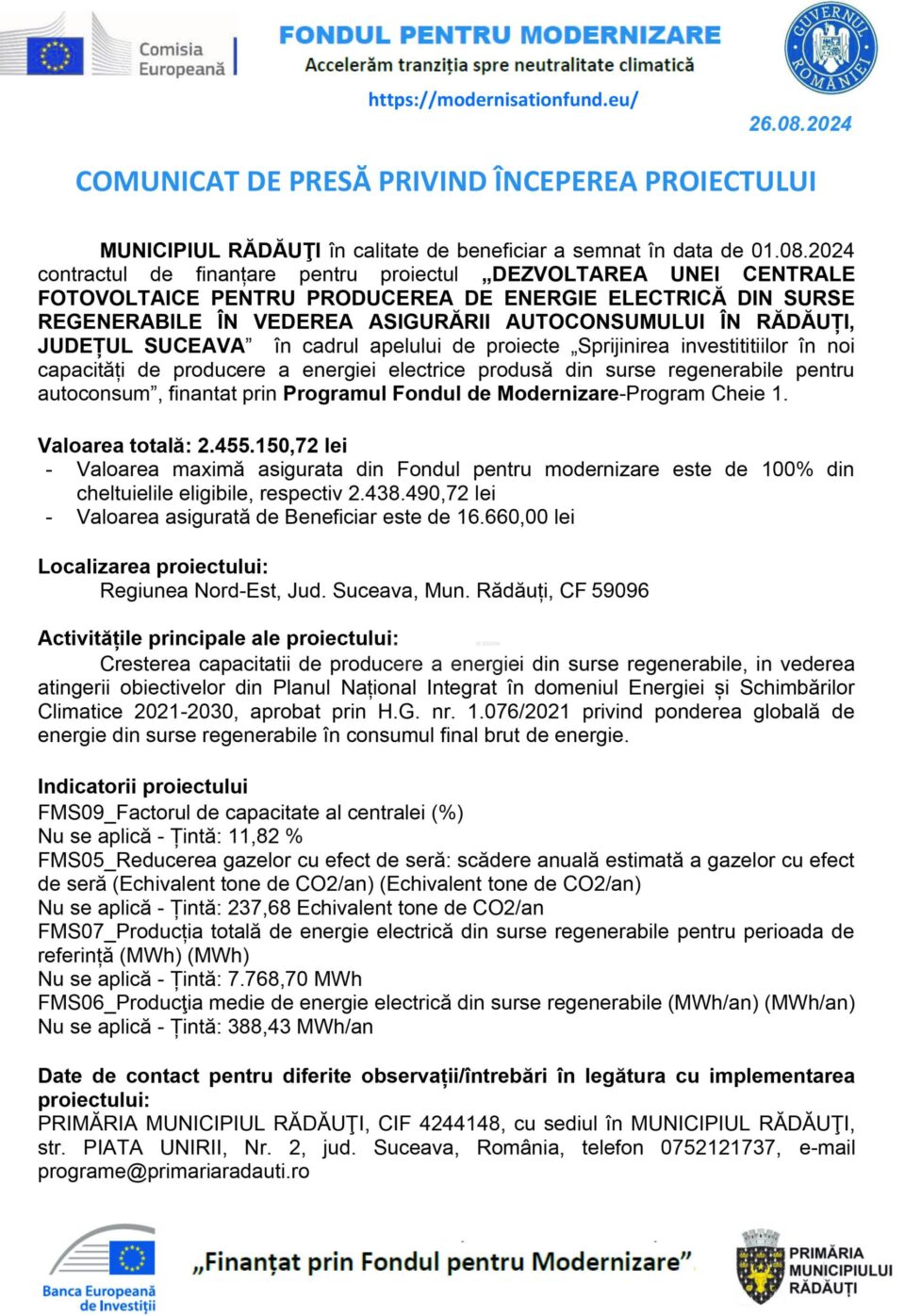 COMUNICAT DE PRESĂ PRIVIND ÎNCEPEREA PROIECTULUI