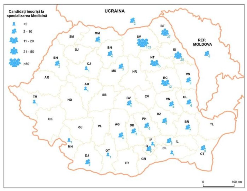 Distribuția geografică a candidaților înscriși la admiterea pentru programul de Medicină al USV, pe baza datelor din 11 septembrie. Foto - Facebook prof. univ. dr. rector Mihai Dimian