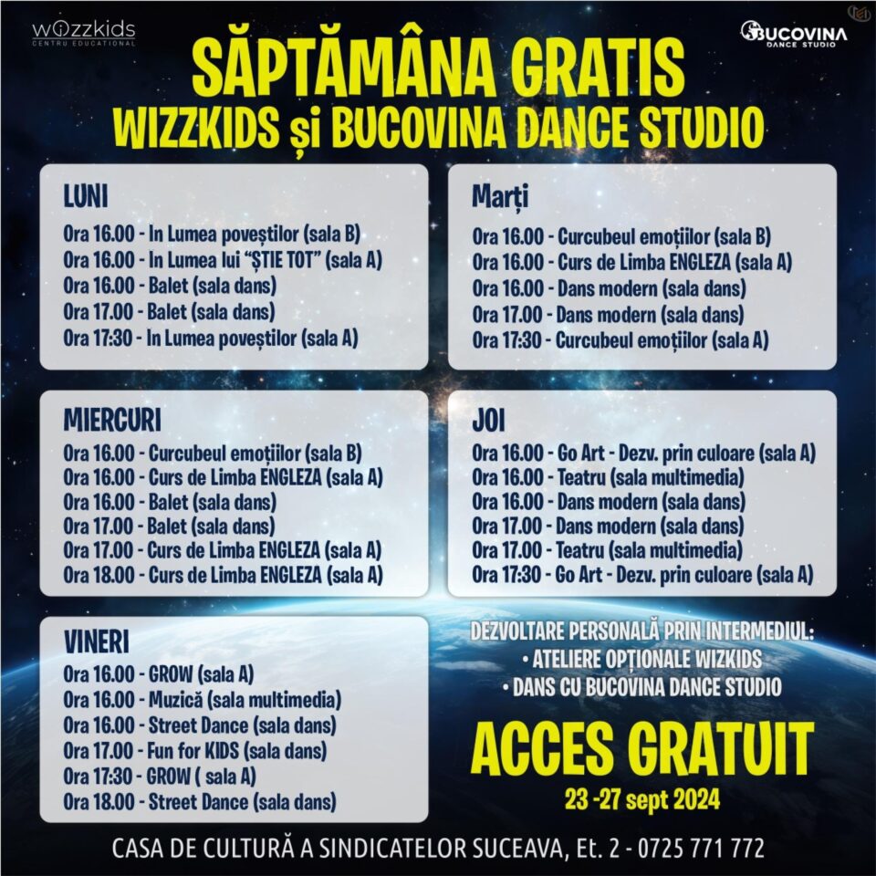 O SĂPTĂMÂNĂ de cursuri GRATUITE pentru copii, oferite de Centrul Educațional WizzKids – Before & After School și Bucovina Dance Studio