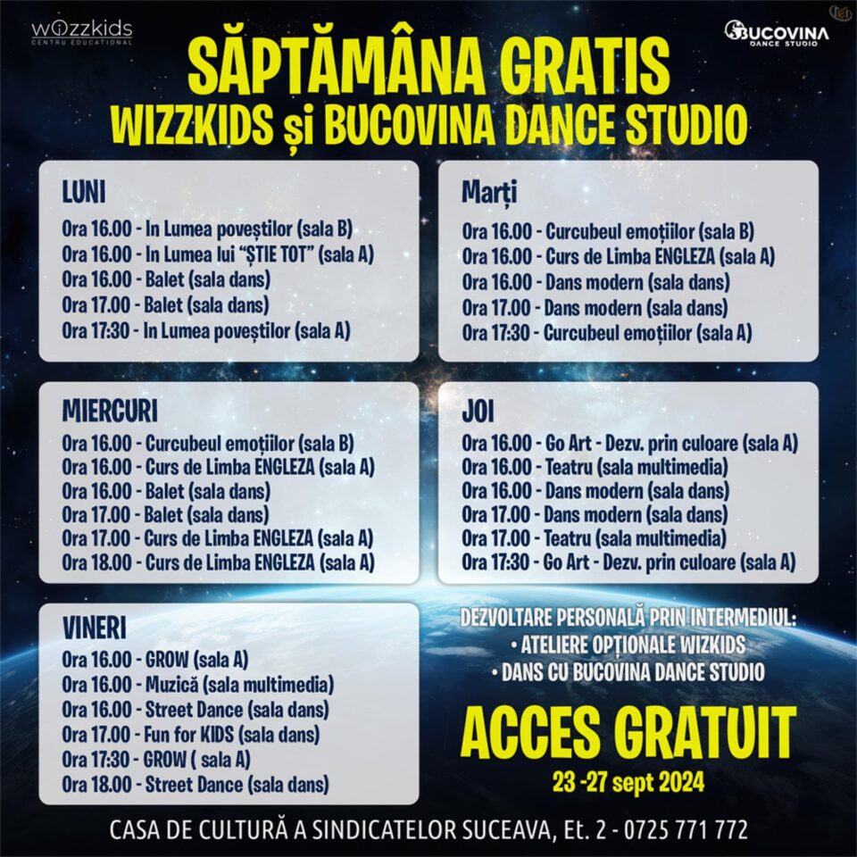 O SĂPTĂMÂNĂ de cursuri GRATUITE pentru copii, oferite de Centrul Educațional WizzKids – Before & After School și Bucovina Dance Studio, în centrul municipiului Suceava