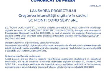 LANSAREA PROIECTULUI Creșterea intensității digitale în cadrul SC MONTI COND SERV SRL