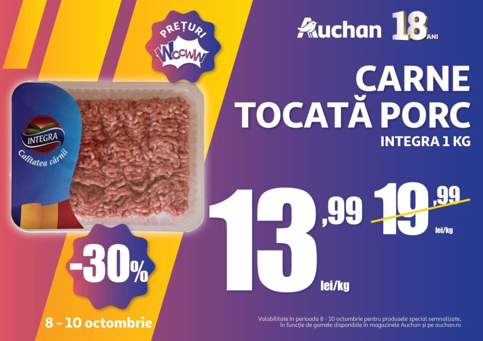 Carne tocată de porc cu -30% reducere, la 13.99 lei/kg