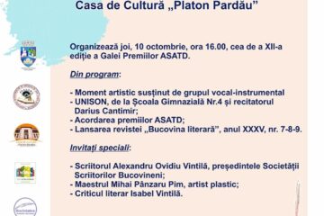Gala Premiilor Asociației Scriitorilor și Artiștilor din Țara Dornelor, joi, la Casa de Cultură „Platon Pardău”
