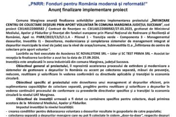 „PNRR: Fonduri pentru România modernă și reformată!” Anunț finalizare implementare proiect