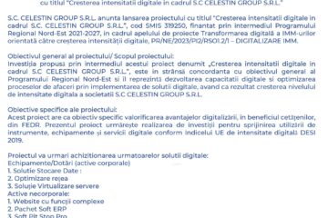 LANSAREA PROIECTULUI cu titlul “Cresterea intensitatii digitale in cadrul S.C CELESTIN GROUP S.R.L.”